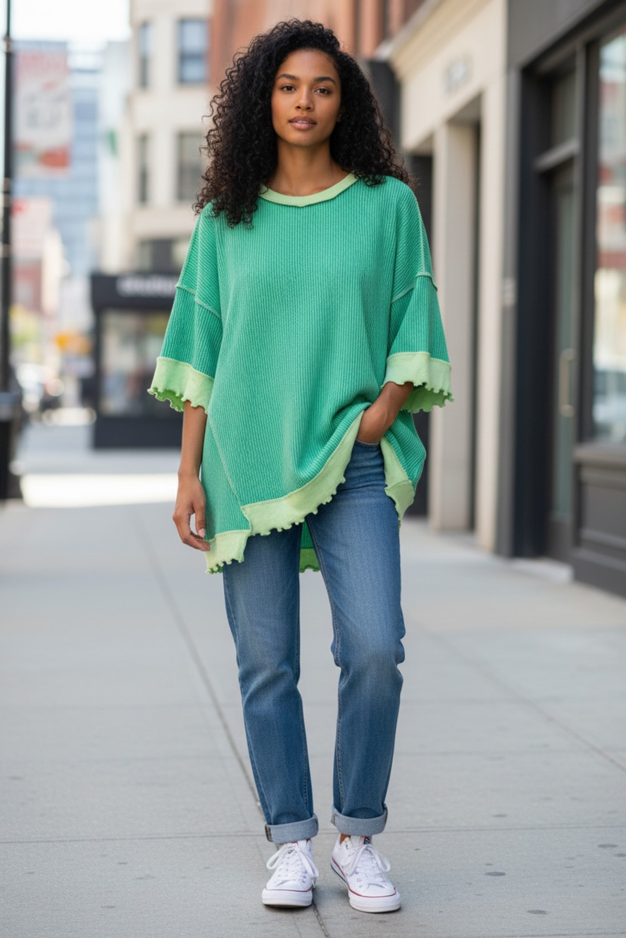Oversized Green Ribbed Tunic Top with Contrast Trim and Frayed Hem
